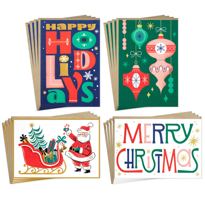 Retro Merry Wishes Assorted Boxed Christmas Cards, Pack of 16