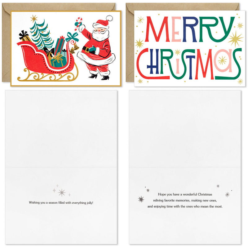 Retro Merry Wishes Assorted Boxed Christmas Cards, Pack of 16