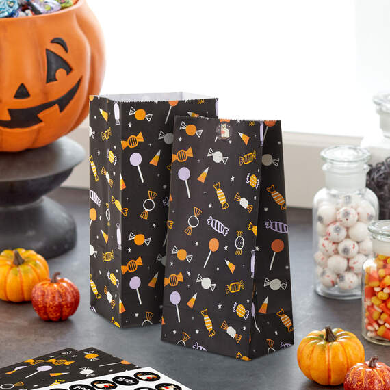 Halloween Candies on Black 12-Pack Goodie Bags With Sticker Seals