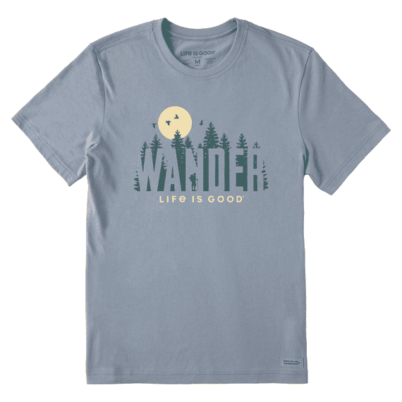 Blue t-shirt with a graphic of trees silhouetted in front of a full moon. The text below the graphic reads  “WANDER” and “LIFE IS GOOD”.░