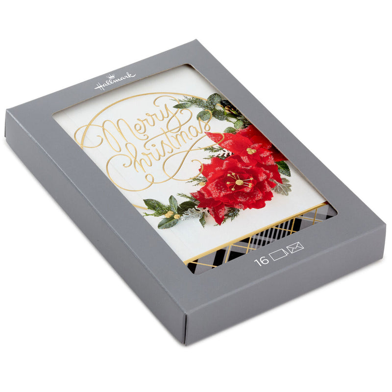 Merry Christmas Poinsettia Wreath Boxed Christmas Cards, Pack of 16