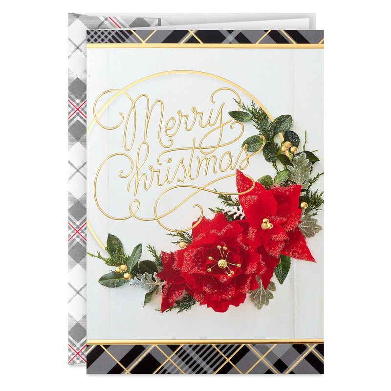 Merry Christmas Poinsettia Wreath Boxed Christmas Cards, Pack of 16