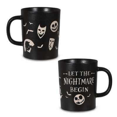 Nightmare Before Christmas mug with Jack Skellington, Sally, and a Christmas tree. Text reads "Let the Nightmare Begin