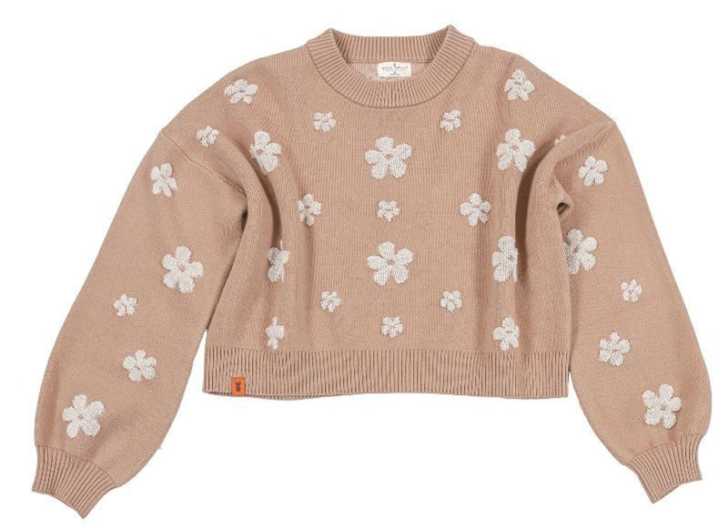 Crop Sweater with Flowers - Tan