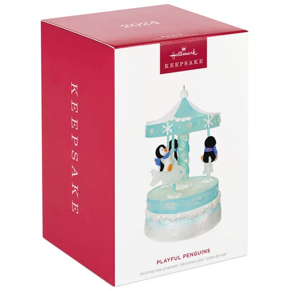 Playful Penguins on Carousel Musical Ornament With Light and Motion