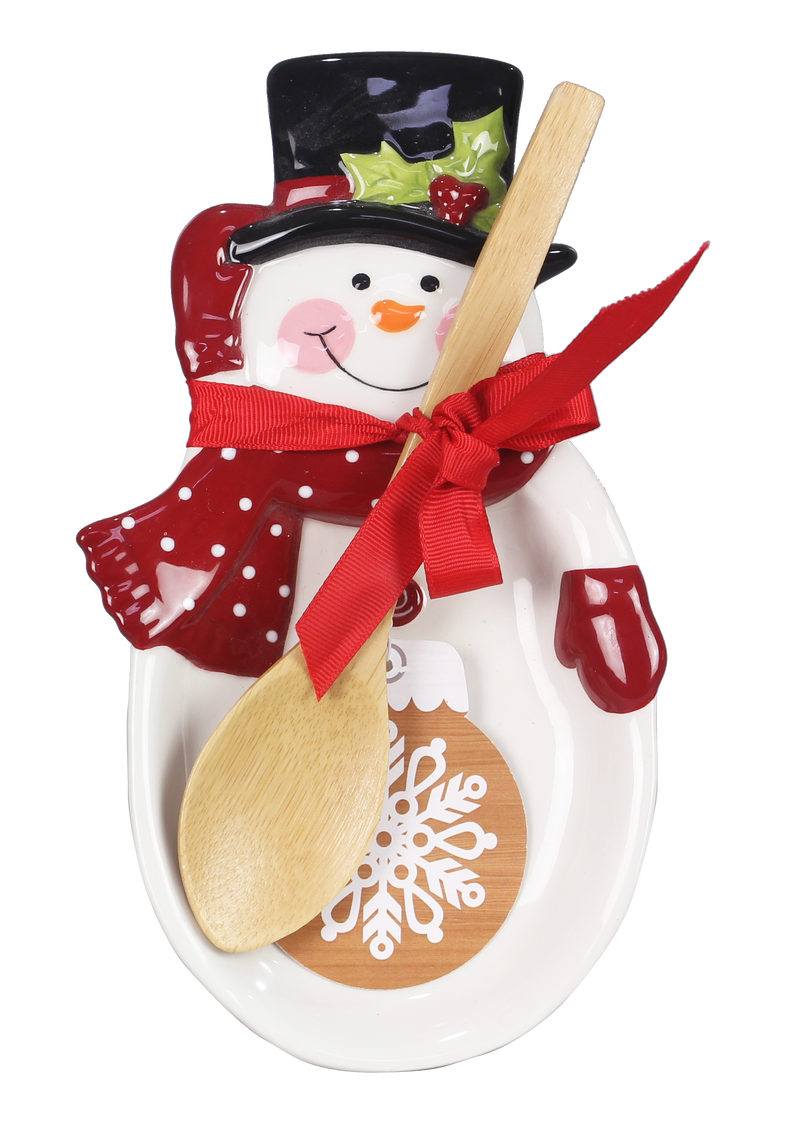 Ceramic Winter Whimsy Snowman Spoon Rest with Wood Spoon