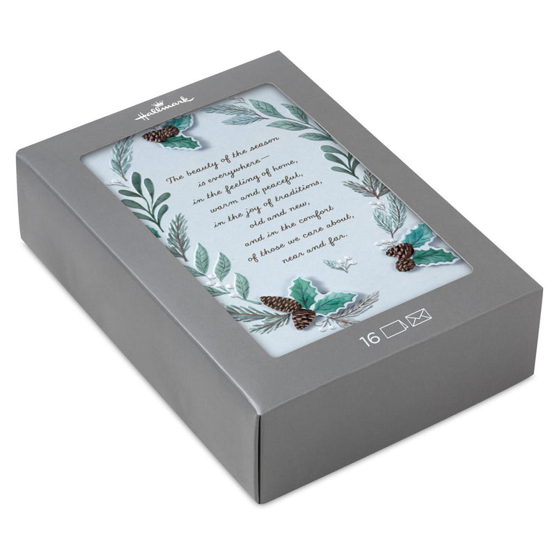 Pine Boughs on Pale Green Boxed Christmas Cards, Pack of 16