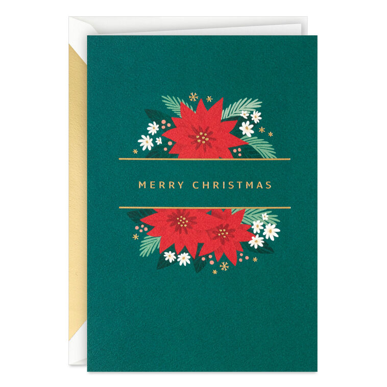 Poinsettias on Green Blank Boxed Christmas Cards, Pack of 12