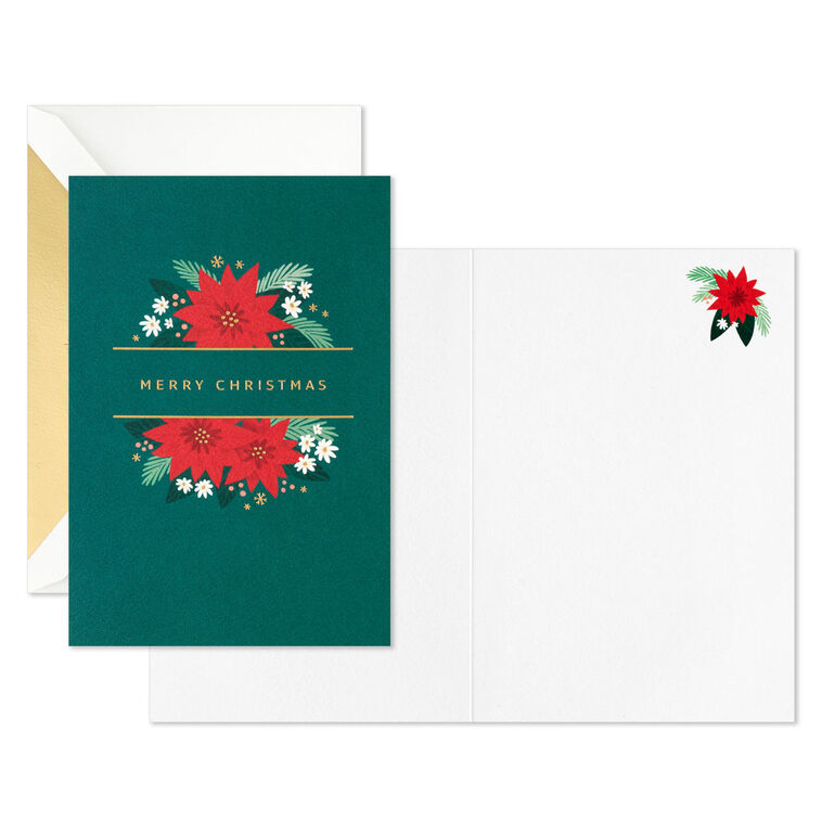 Poinsettias on Green Blank Boxed Christmas Cards, Pack of 12