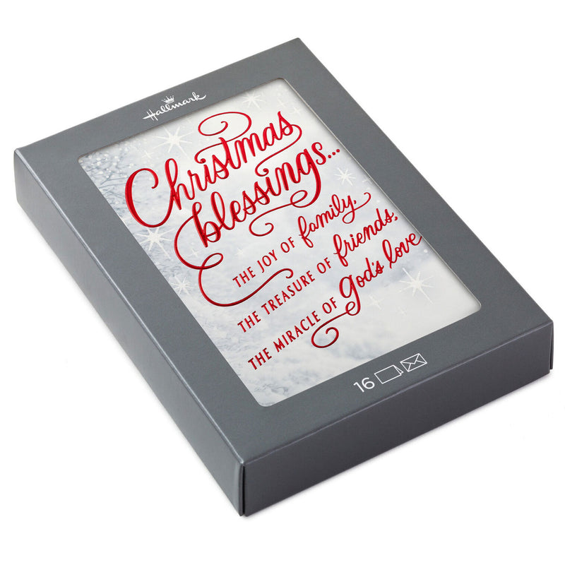 Red Script and Snowy Evergreens Boxed Christmas Cards, Pack of 16