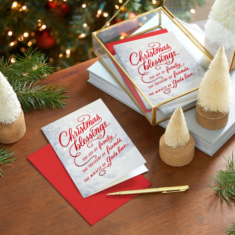 Red Script and Snowy Evergreens Boxed Christmas Cards, Pack of 16