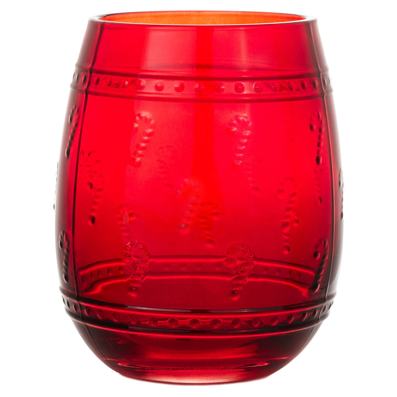 Embossed Candy Canes Red Stemless Wine Glass, 17 oz