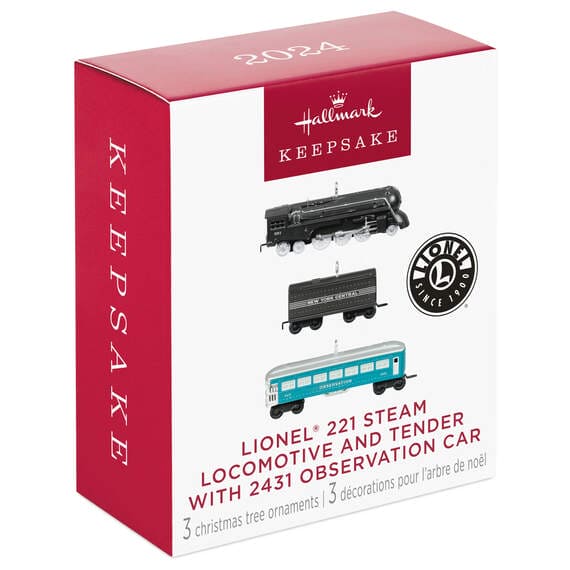 Mini Lionel® 221 Steam Locomotive and Tender With 2431 Observation Car Ornaments, Set of 3