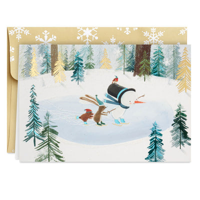 Snowman and Critters Ice Skating Boxed Christmas Cards, Pack of 16