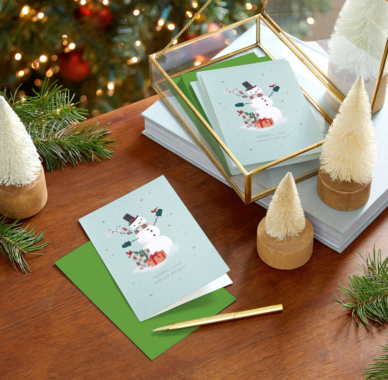 Festive Snowman on Green Packaged Christmas Cards, Set of 5