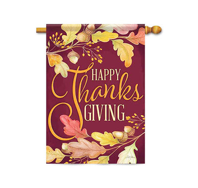 Thanksgiving banner with fall leaves and acorns. Text reads HAPPY THANKSGIVING vertically