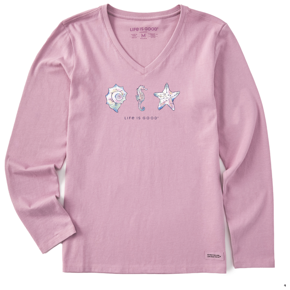 Sea Life and Shells Long Sleeve Crusher Vee Women&