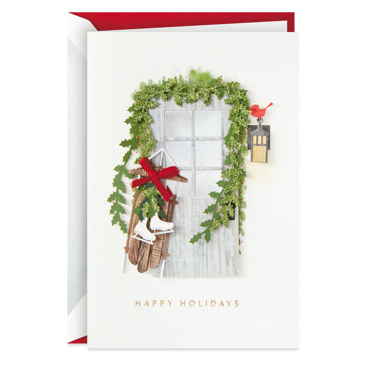 Wood Door With Sled and Ice Skates Boxed Christmas Cards, Pack of 8