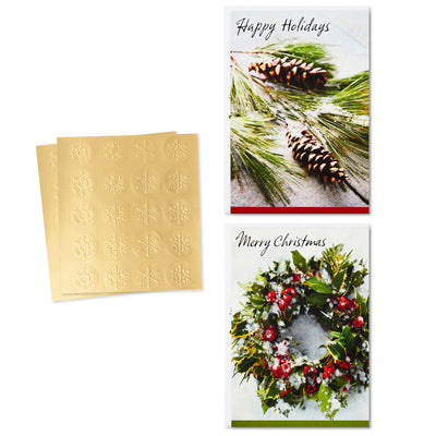 Wreath and Pine Branch Boxed Christmas Cards With Seals, Pack of 40