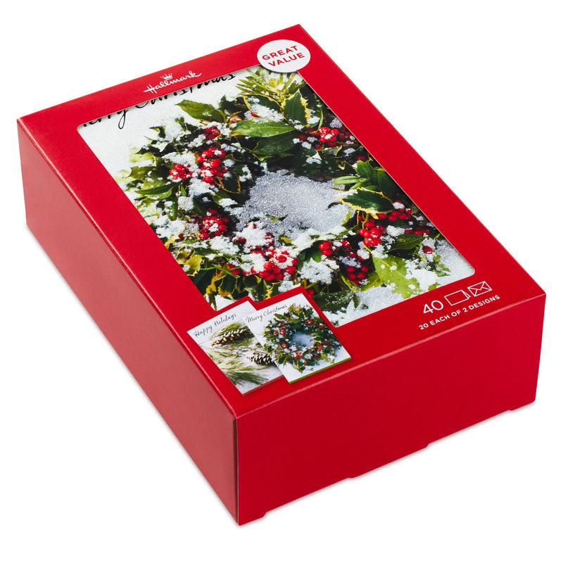 Wreath and Pine Branch Boxed Christmas Cards With Seals, Pack of 40