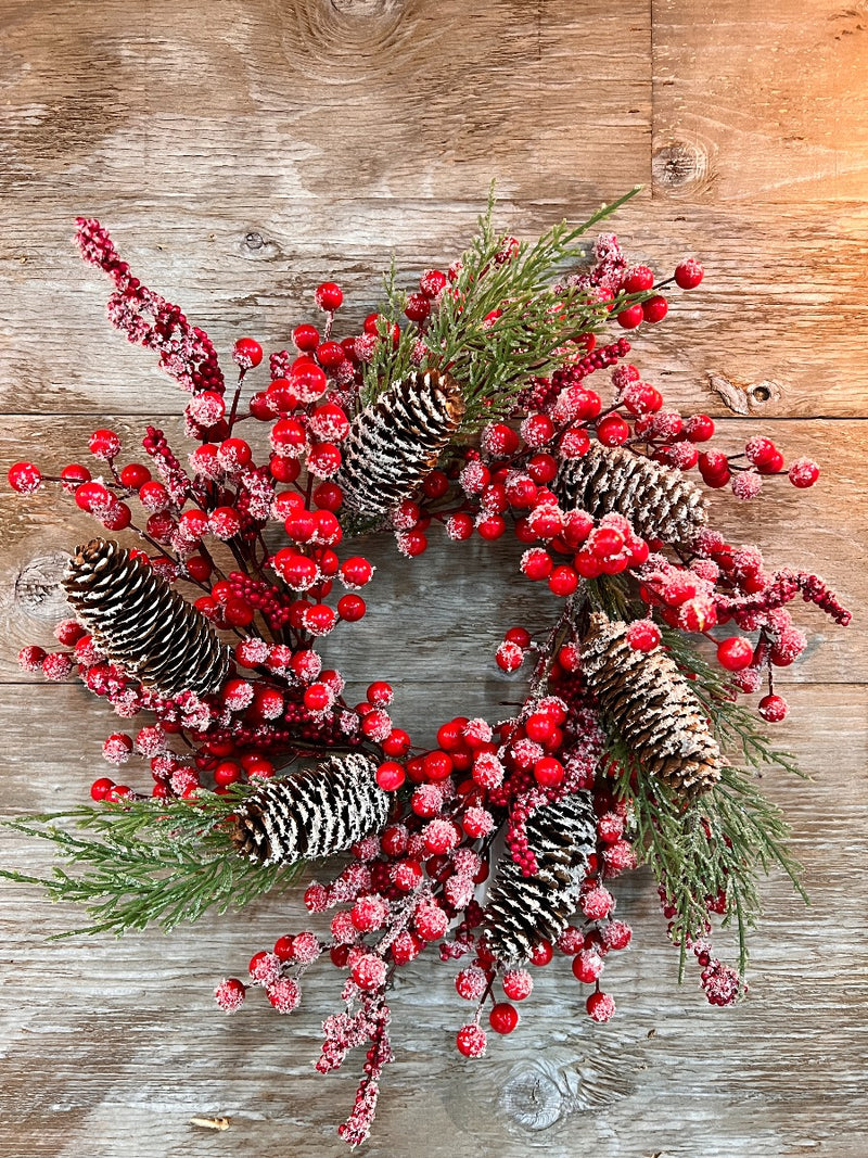 Snow Covered Red Berry Candle Ring 6.5"