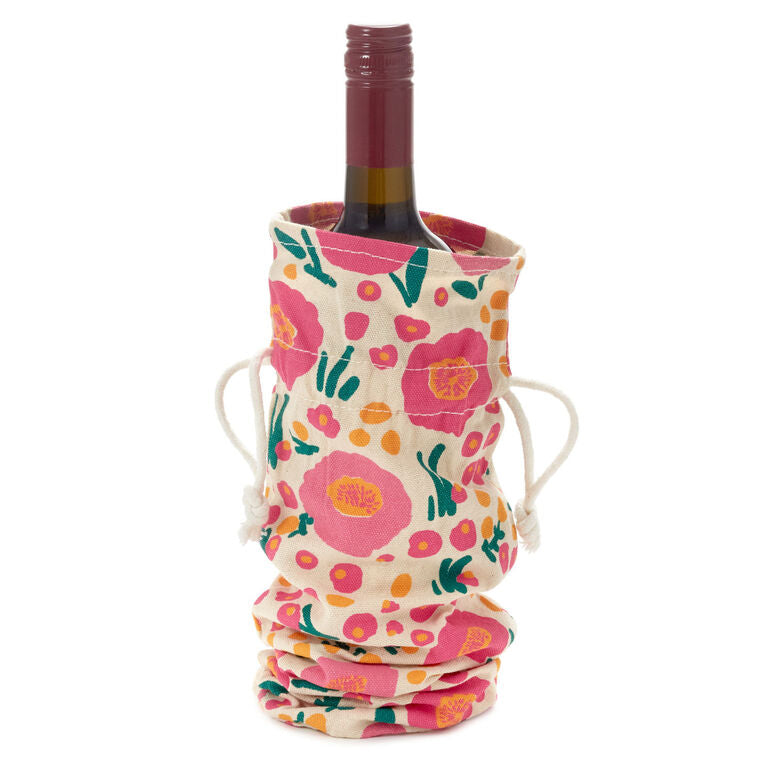 14" Pink Floral Fabric Wine Gift Bag