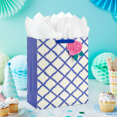 13" Blue Trellis on White Large Gift Bag