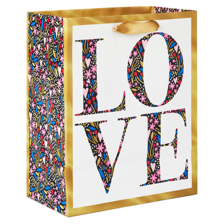 9.6" Love Floral Heart Print on White Medium Gift Bag