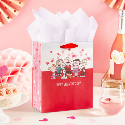 9.6" Peanuts® Gang on Red and White Medium Valentine's Day Gift Bag