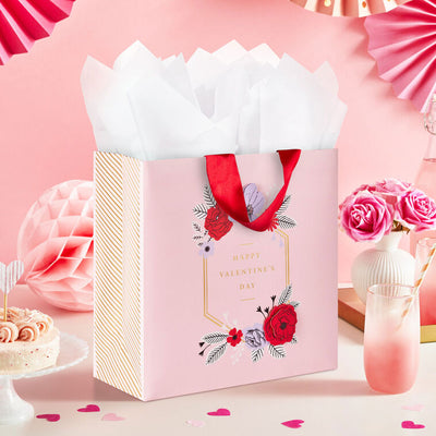 10.4" Flowers on Pink Large Square Valentine's Day Gift Bag