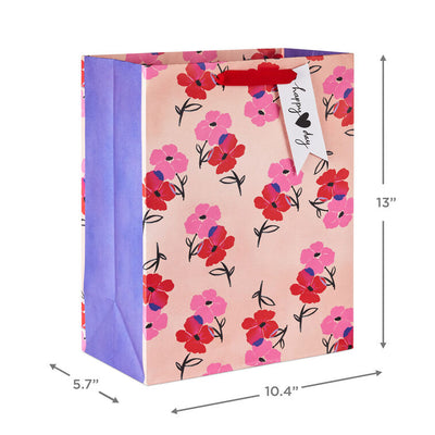 13" Pink and Red Flowers on Peach Large Valentine's Day Gift Bag