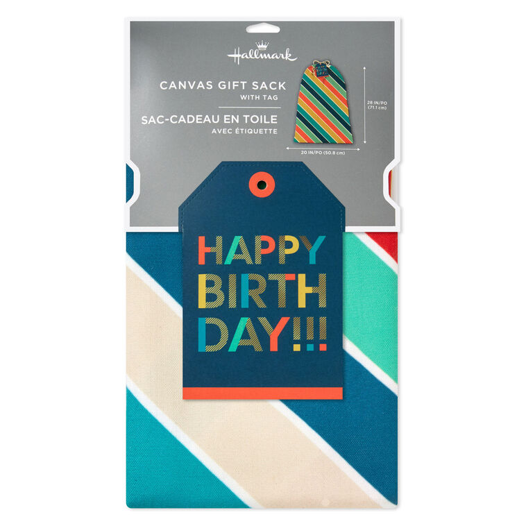 28" Bold Diagonal Stripes Birthday Canvas Gift Sack With Gift Tag