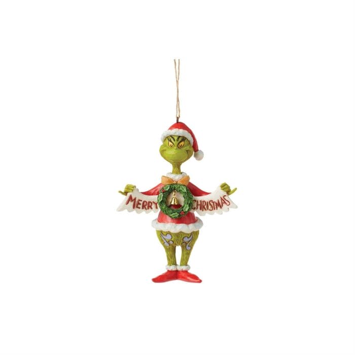 Grinch Holding Merry Christmas Banner Ornament