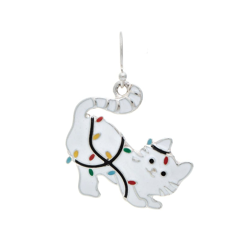 Silver White Holiday Lights Kitten Earring