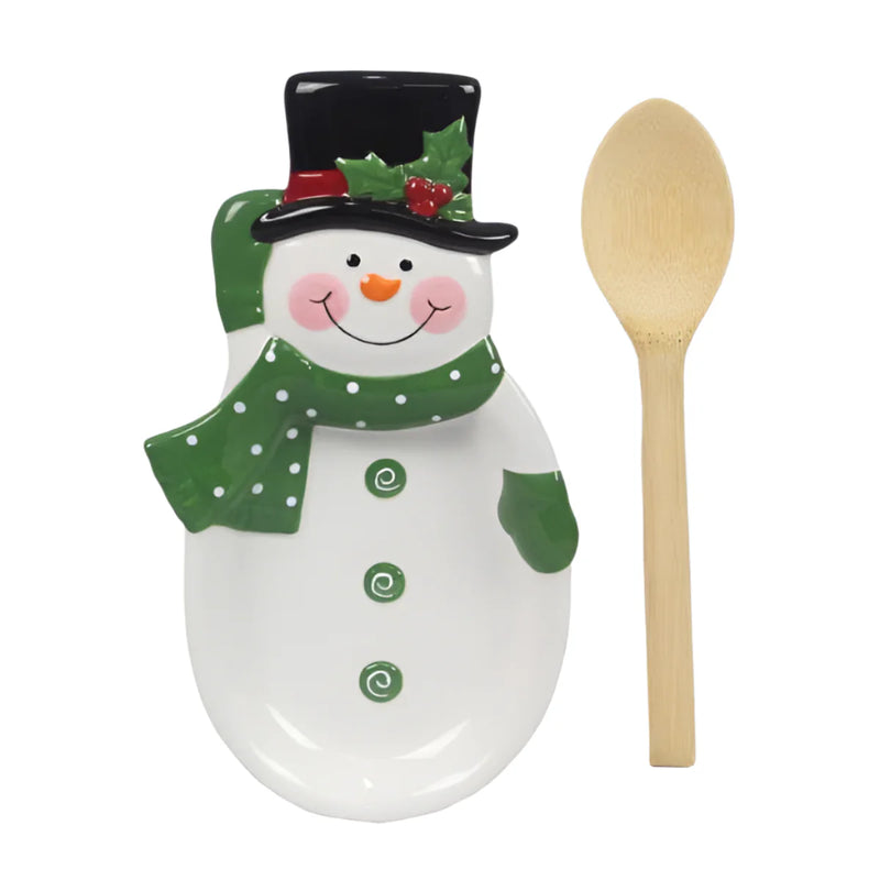 Ceramic Winter Whimsy Snowman Spoon Rest with Wood Spoon