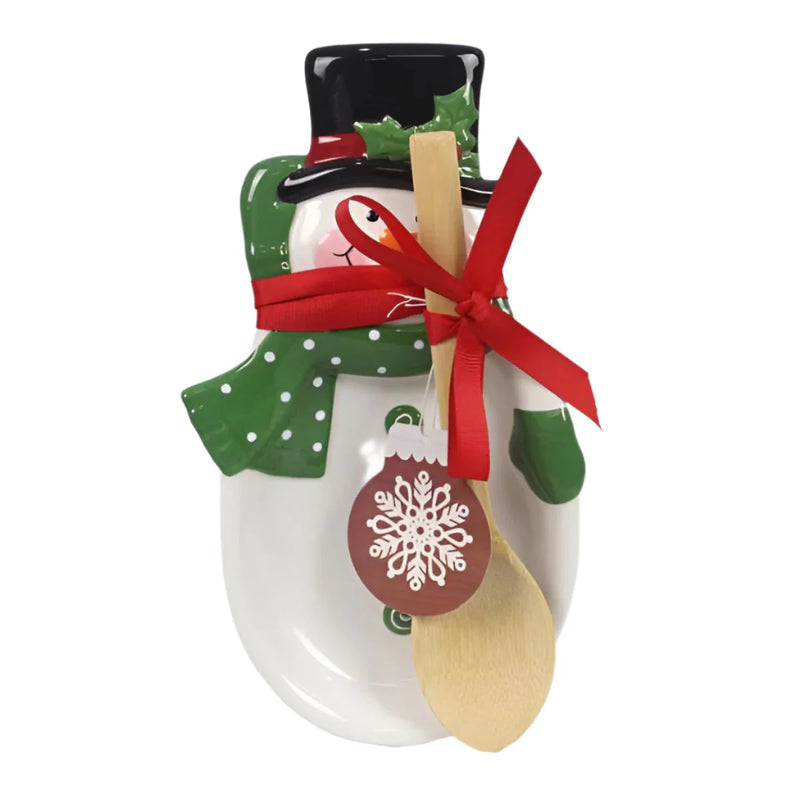 Ceramic Winter Whimsy Snowman Spoon Rest with Wood Spoon