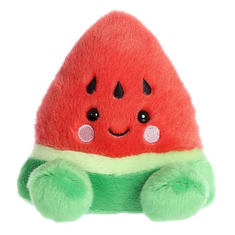 Red plush watermelon slice with a green smiley face and green leaves