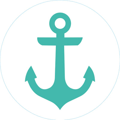 Turquoise anchor clip art inside a white circle on a white background