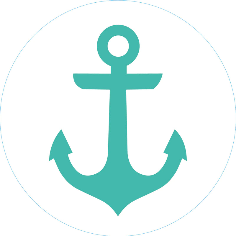 Turquoise anchor clip art inside a white circle on a white background