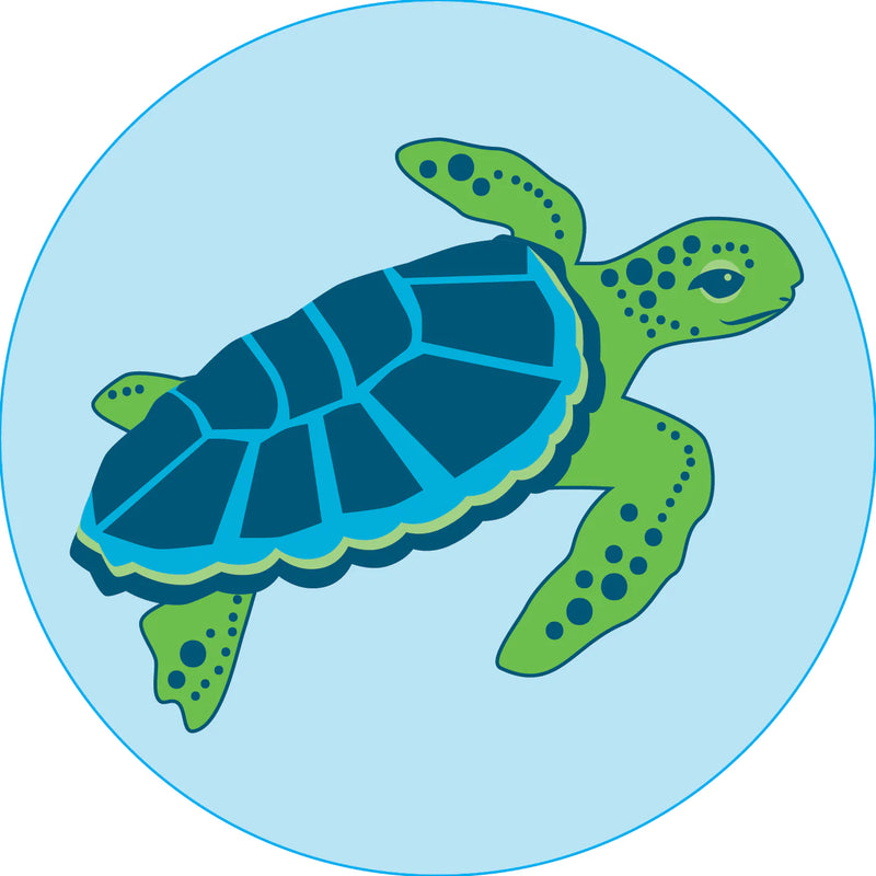 Here is some alt text you can use: Green sea turtle swimming in a circle in a clear blue ocean