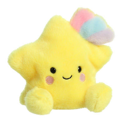 Yellow stuffed star toy with rainbow colored tail and smiley face