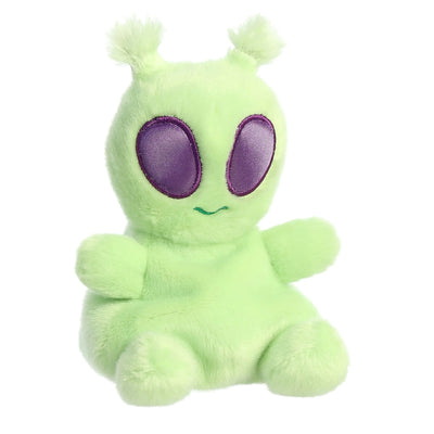 Green plush alien with big, purple eyes and stitched smile