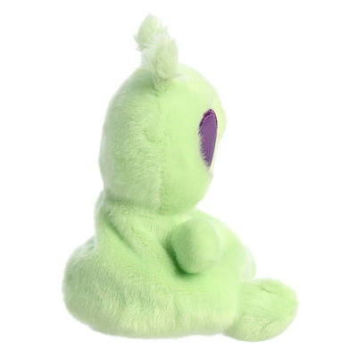 Green plush alien with big, purple eyes and stitched smile